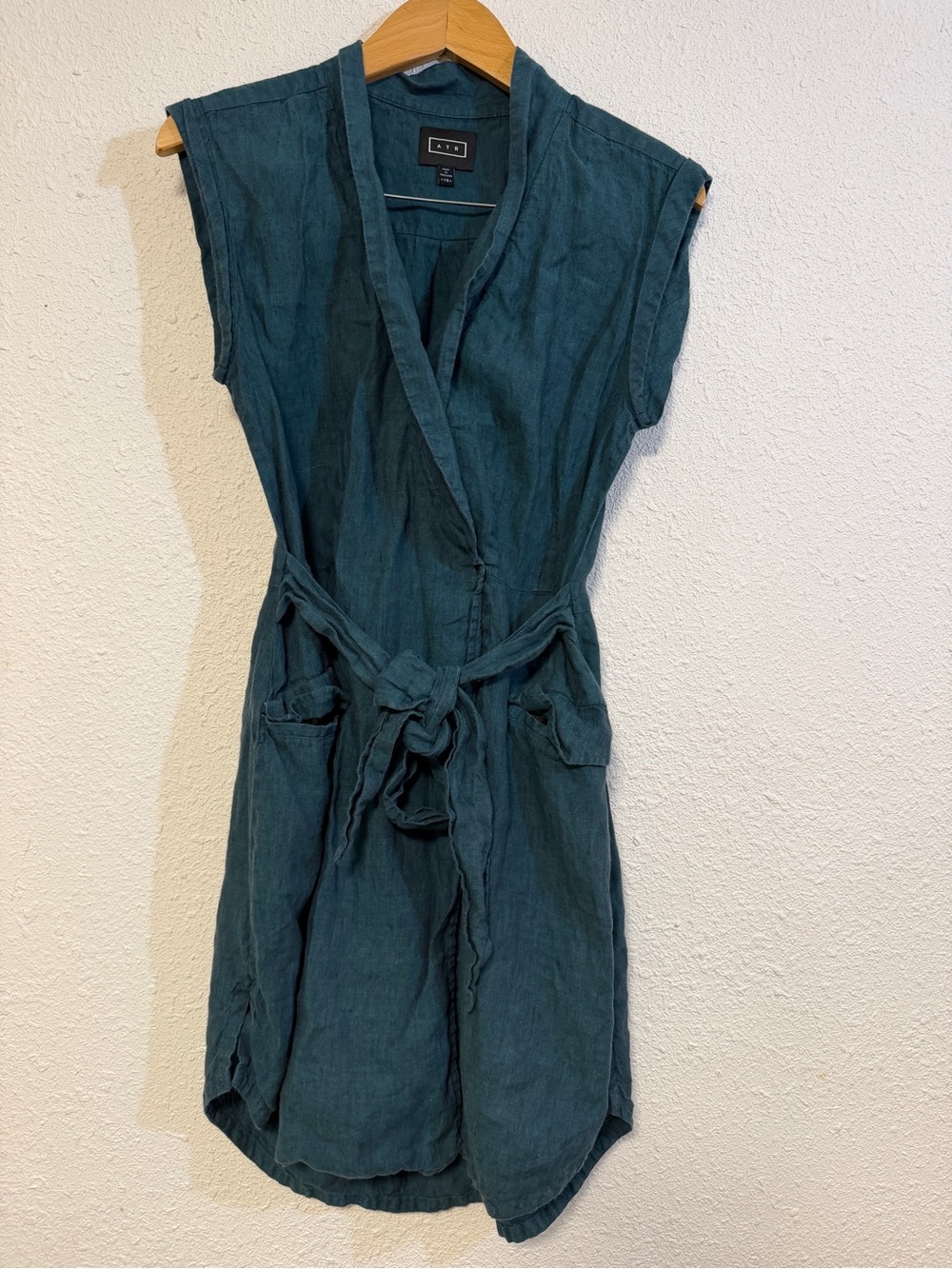 AYR Linen Teal Wrap Midi Dress with Tie Waist